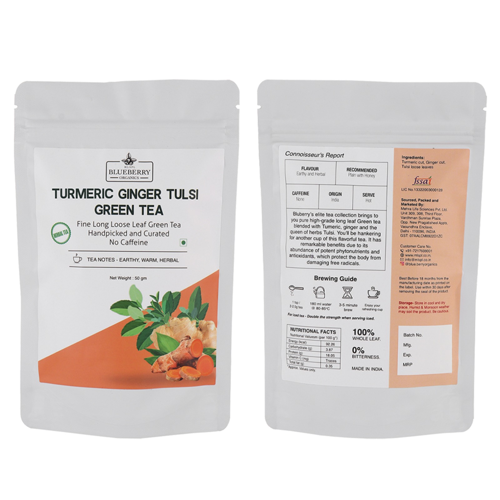 Turmeric Ginger Tulsi Green Tea — MLSPL Blueberry Organics pack
