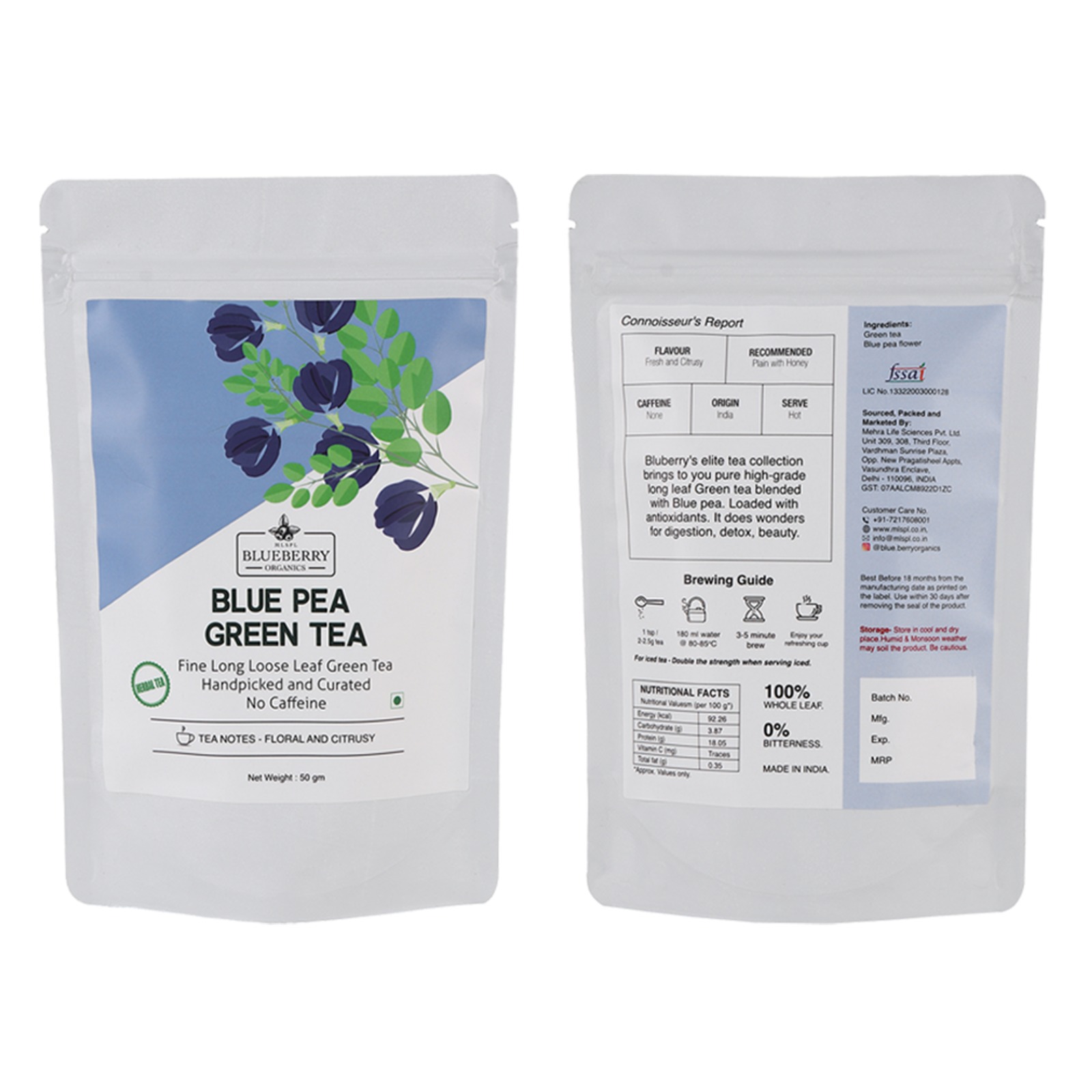 Blue Pea Green Tea — MLSPL Blueberry Organics pack